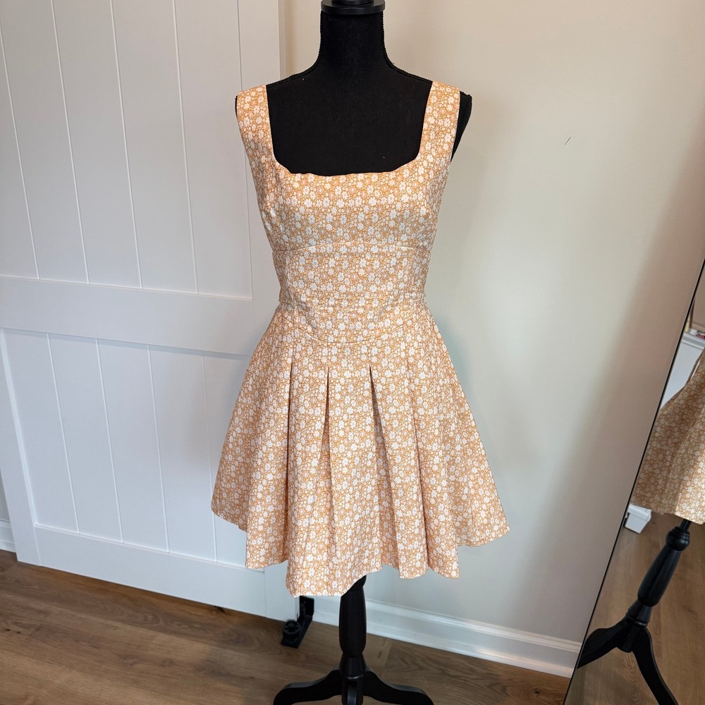 Lulus Orange Yellow Floral Lace Up Back Pleated Mini Dress XL